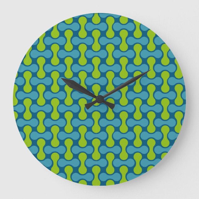 Retro Abstract Geometric Pattern in Blue and Green Große Wanduhr (Vorderseite)