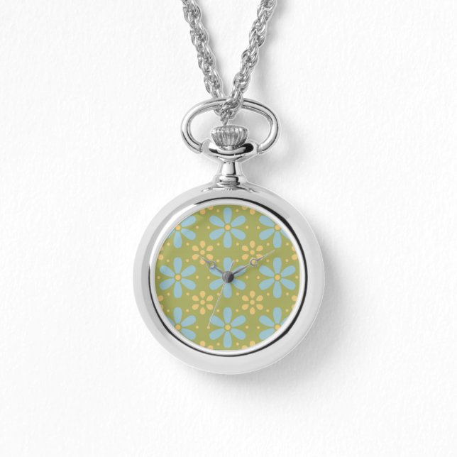 Retro Abstrakt Blau und Gelb Blumen auf Grün Armbanduhr (Vorderseite)