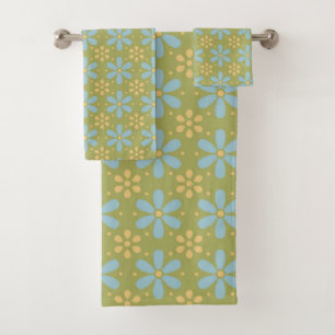Retro Abstrakt Blau und Gelb Blumen auf Grün Badhandtuch Set