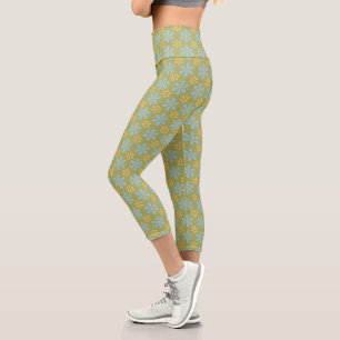 Retro Abstrakt Blau und Gelb Blumen auf Grün Capri Leggings