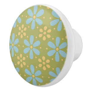 Retro Abstrakt Blau und Gelb Blumen auf Grün Keramikknauf
