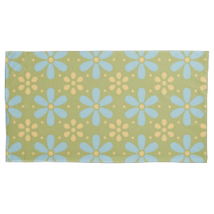 Retro Abstrakt Blau und Gelb Blumen auf Grün Kissenbezug