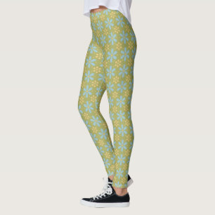 Retro Abstrakt Blau und Gelb Blumen auf Grün Leggings