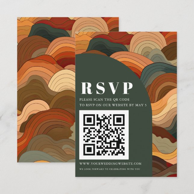 Retro Abstrakt Earthy Terracotta Orange QR CODE RSVP Karte (Vorne/Hinten)