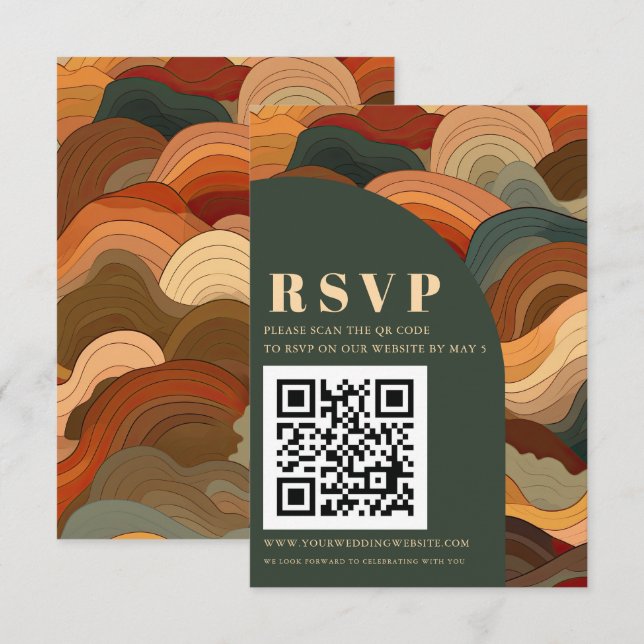 Retro Abstrakt Earthy Terracotta Orange QR CODE RSVP Karte (Vorne/Hinten)
