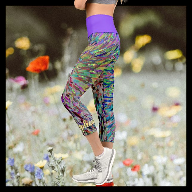 Retro Abstrakt Floral Lila Gelb Name Capri Leggings (Von Creator hochgeladen)