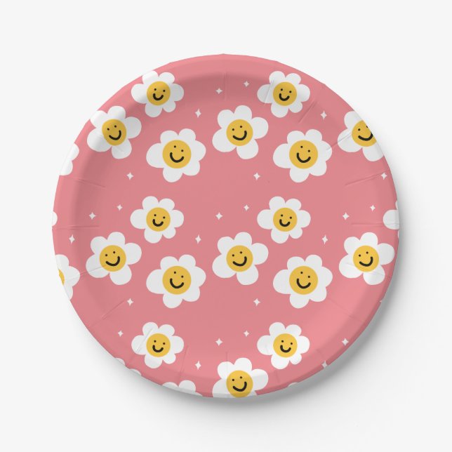 Retro Abstrakt Funky 60er Emoji Daisy Pattern Pappteller (Vorderseite)