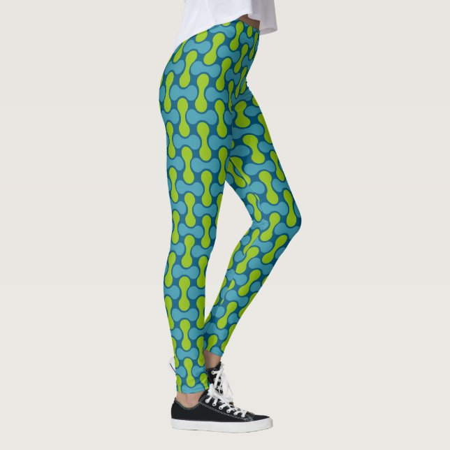 Retro Abstrakt geometrisches Muster in Blau und Gr Leggings (Rechts)