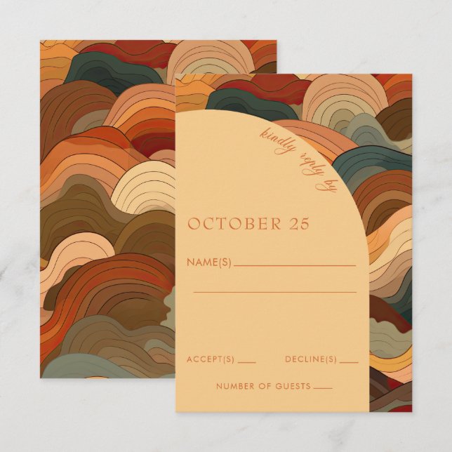 Retro Abstrakt Waves Terracotta Hochzeit RSVP Karte (Vorne/Hinten)