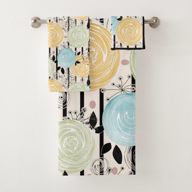 Retro, abstrakte Blume Badhandtuch Set (Insitu)