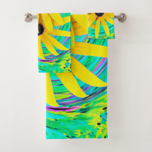Retro Abstrakte gelbe Blumen auf Aqua Swirl Badhandtuch Set