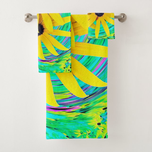 Retro Abstrakte gelbe Blumen auf Aqua Swirl Badhandtuch Set (Insitu)