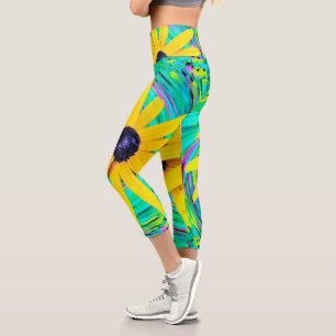 Retro Abstrakte gelbe Blumen auf Aqua Swirl Capri Leggings