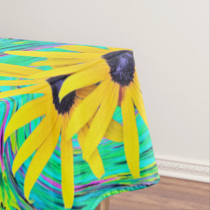Retro Abstrakte gelbe Blumen auf Aqua Swirl Tischdecke
