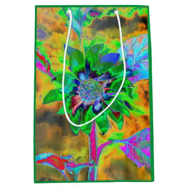 Retro abstrakte Sonnenblumenmalerei mit grünem Gol Mittlere Geschenktüte (Vorderseite)