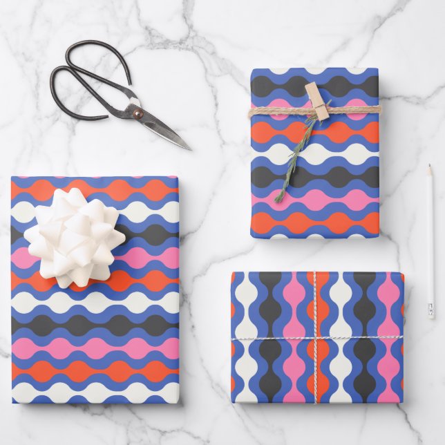Retro Abstrakte Streifen in leuchtend blau und ros Geschenkpapier Set (Vorderseite)