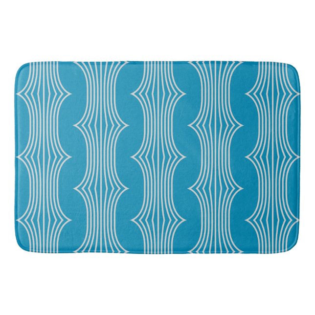 Retro Abstrakte Weiße Linien auf blauem Muster Badematte (Vorderseite)