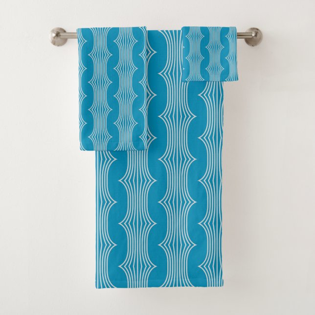 Retro Abstrakte Weiße Linien auf blauem Muster Badhandtuch Set (Insitu)