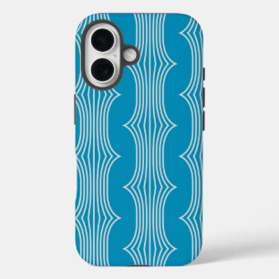Retro Abstrakte Weiße Linien auf blauem Muster iPhone 16 Hülle