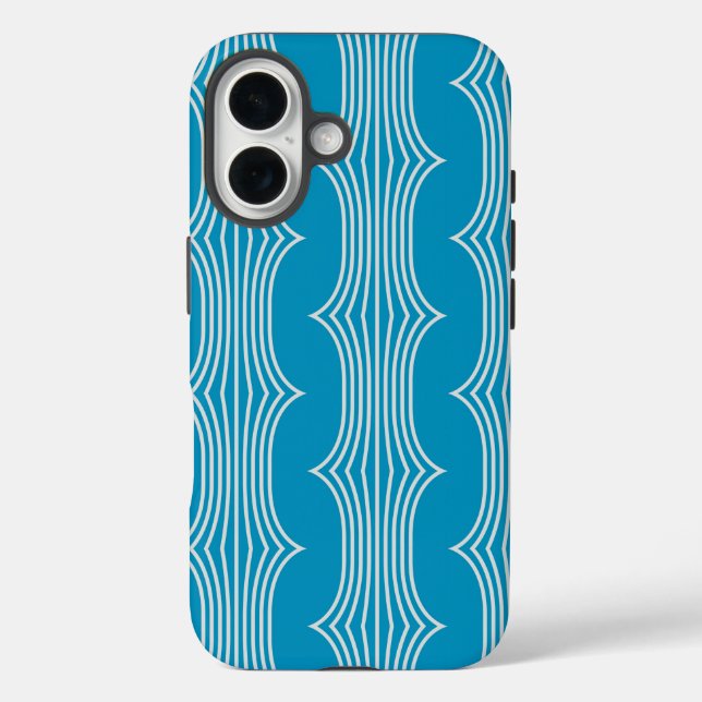 Retro Abstrakte Weiße Linien auf blauem Muster iPhone 16 Hülle (Rückseite)