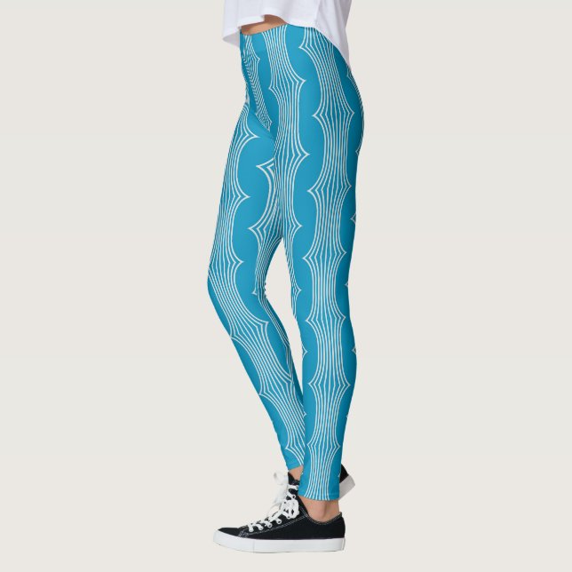 Retro Abstrakte Weiße Linien auf blauem Muster Leggings (Links)
