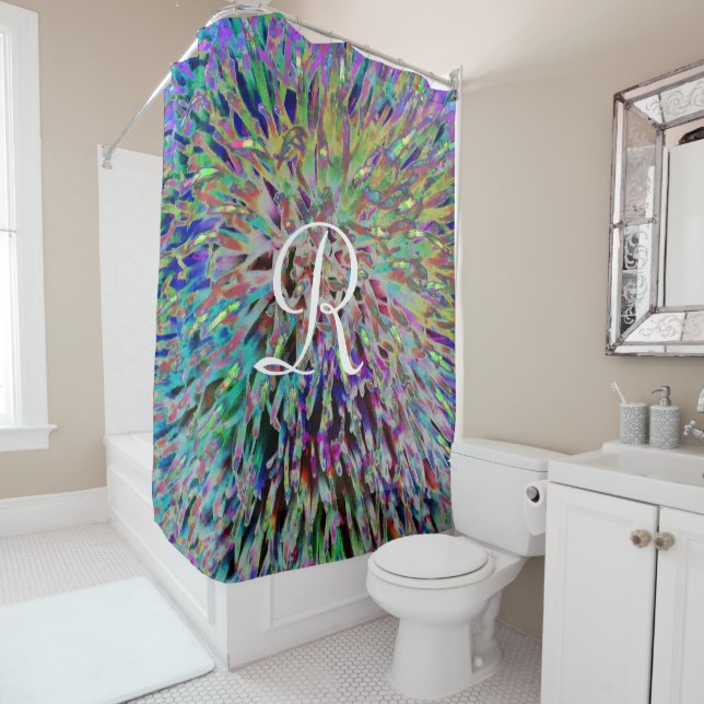 Retro Abstraktes Makro Floral mit weißem Monogramm Duschvorhang (Beispiel)