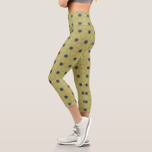 Retro Abstraktes Schwarz-Gelb-Blumenmuster Capri Leggings