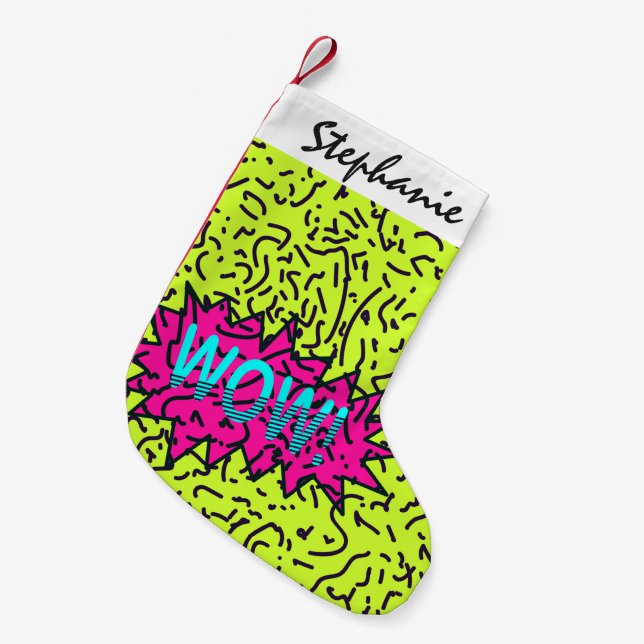 Retro Achtzigerjahre Neonneunziger Jahre wow Kleiner Weihnachtsstrumpf (Vorderansicht (hängend))