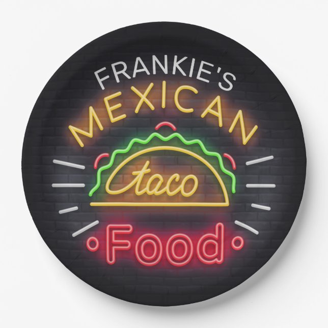 Retro ADD NAME Imitate Neon Mexican Food Taco Dine Pappteller (Vorderseite)