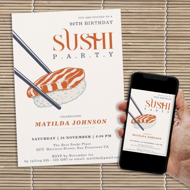 Retro Adult Sushi Party Einfach 90. Geburtstag Einladung (Retro Adult Sushi Party Simple 90th Birthday Invitation)