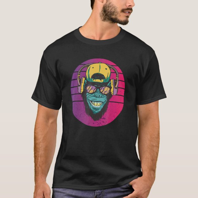 Retro Affe Motivaffe Sonnenbrille Kopfhörer Lustig T-Shirt (Vorderseite)