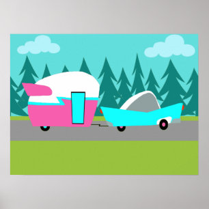 Rétro affiche de campeur/remorque et de voiture