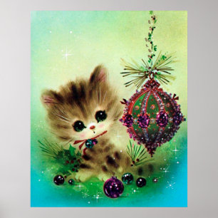 Rétro affiche vintage d'ampoule de Noël de minou