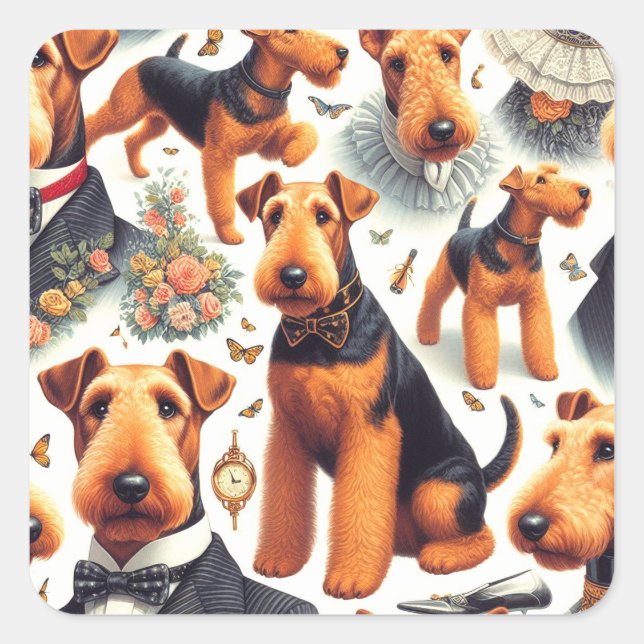 Retro Airedale Terrier Seamless Quadratischer Aufkleber (Vorderseite)