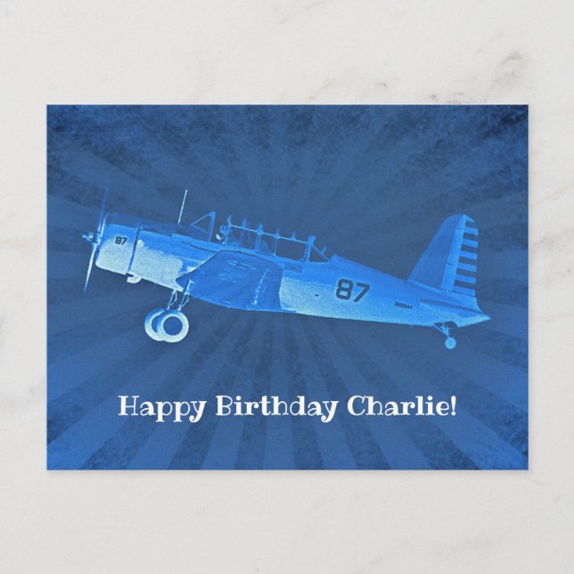 Retro Airplane #87 Blue Happy Birthday Postkarte (Vorderseite)