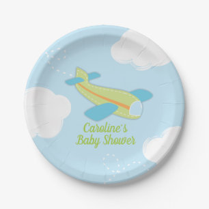 Retro Airplane Babydusche in Blau und Grün Pappteller