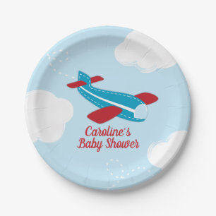 Retro Airplane Babydusche in Rot und Blau Pappteller