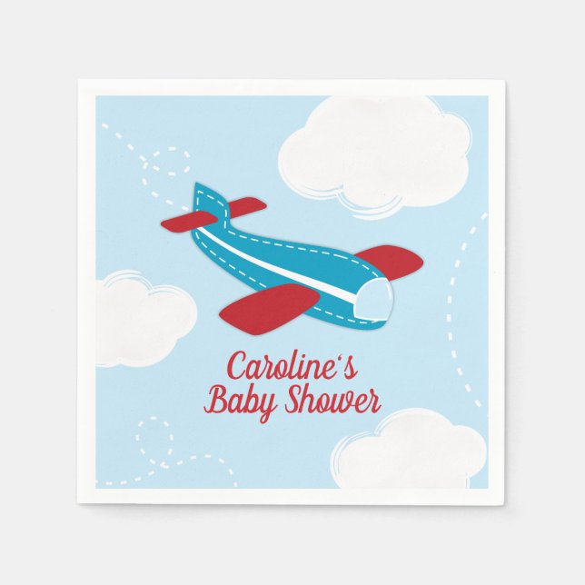 Retro Airplane Babydusche in Rot und Blau Serviette (Vorderseite)