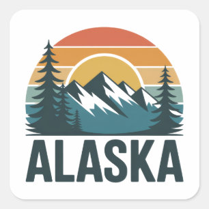 Retro-Alaska-Sonnenuntergangs-Abenteuer  Quadratischer Aufkleber