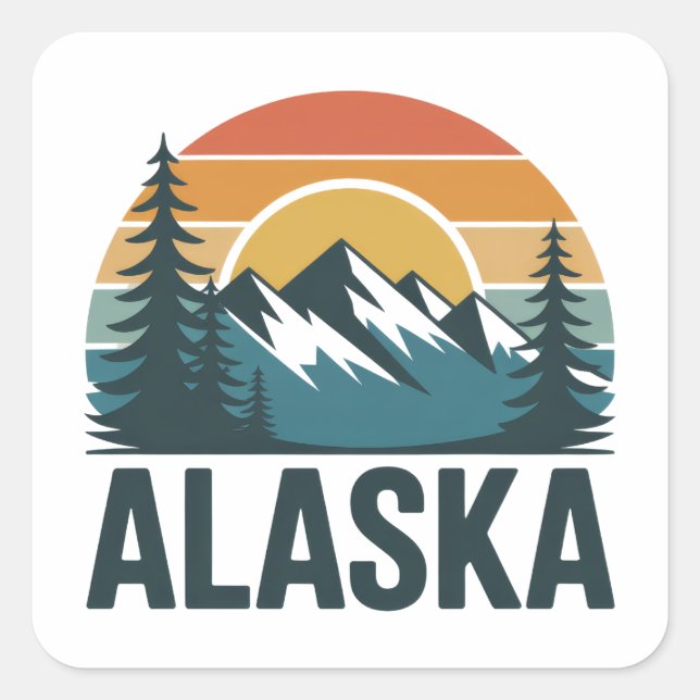 Retro Alaska Sunset Adventure  Quadratischer Aufkleber (Vorderseite)