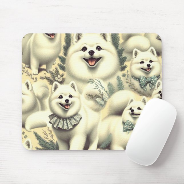 Retro American Eskimo Illustration Mousepad (Mit Mouse)