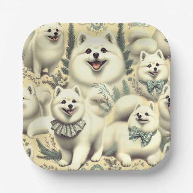 Retro American Eskimo Illustration Pappteller (Vorderseite)