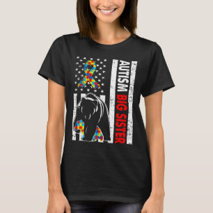 Retro American Flag Autism Big Sister Bar Awarene T-Shirt