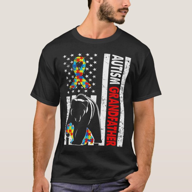 Retro American Flag Autismus Großvater Bear Awaren T-Shirt (Vorderseite)