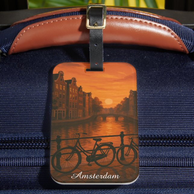 Retro Amsterdam Niederlande Grachten Sunset Glow Gepäckanhänger (Vorderseite Insitu 2)