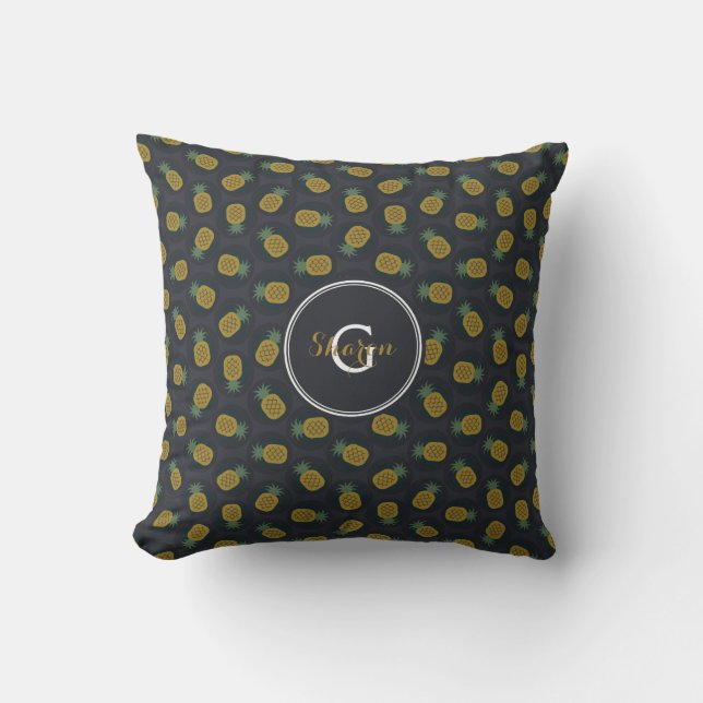 Retro-Ananas-Muster aus schwarzem Gold, Monogramm Kissen (Vorderseite)
