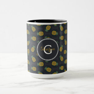 Retro-Ananas-Muster aus schwarzem Gold, Monogramm Tasse