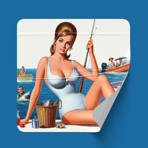 Retro-Angler-Pin-up Quadratischer Aufkleber