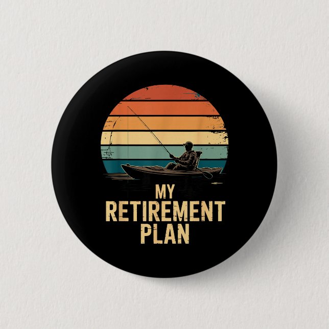 Retro-Anglerboot Sonnenuntergang Mein Rentenplan Button (Vorderseite)