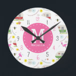 Retro Anhänger-u. Flamingo-Muster Runde Wanduhr<br><div class="desc">Eigenschaften dieses Produktes ein Muster,  das Illustrationen der retro Vintagen inspirierten Camperanhänger,  der rosa Flamingos,  der Bienen und der Blumen enthält.</div>